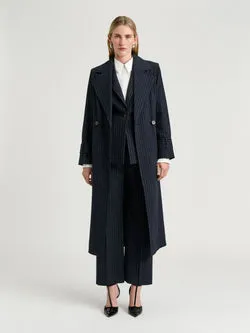 NAVY PINSTRIPE BELTED TRENCH