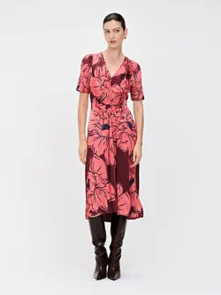 CORAL PEONY SATIN V NECK MIDI DRESS