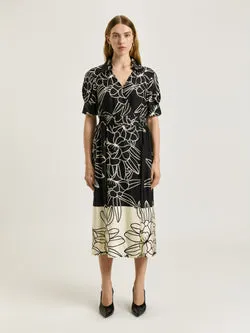BLACK ORCHID BORDER PRINT SHIRT DRESS