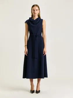 DRAPEY CREPE BELTED COWL NECK MIDI DRESS