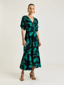 JADE SHADOW LEAF VISCOSE LINEN MIDI DRESS