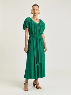 VISCOSE GEORGETTE GATHERED V-NECK DRESS