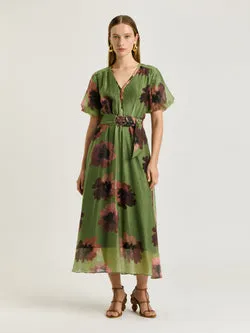 GREEN WATER POPPY BELTED MIDI DRESS