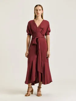 VISCOSE LINEN BELTED MIDI DRESS