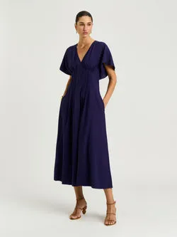 DRAPEY VISCOSE TWILL PIN TUCK MIDI DRESS