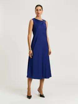 WASHER SATIN GATHERED SHOULDER MIDI DRESS