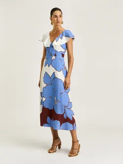 LILAC POINSETTIA RUFFLE NECK MIDI DRESS