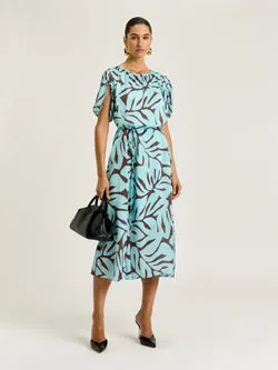 MINT FOLIAGE GEORGETTE GATHERED SLEEVE MIDI DRESS