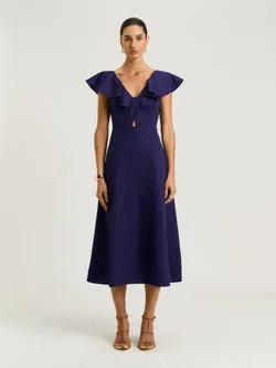 LINEN LYOCELL RUFFLE NECK DRESS