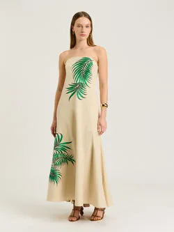 PALM EMBROIDERY STRAPLESS MAXI DRESS
