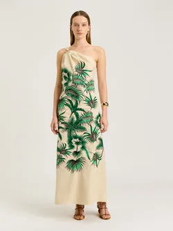 PALM EMBROIDERY ONE SHOULDER MAXI DRESS