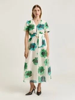 IVORY WATER POPPY BELTED MIDI DRESS