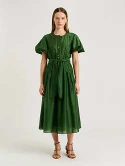Light Lyocell Blend Blouson Sleeve Midi Dress