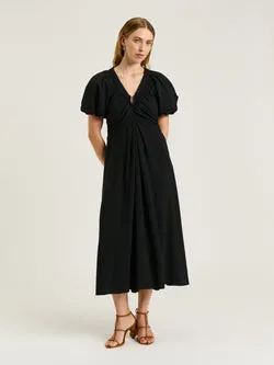 RAYON BLEND GATHERED V NECK DRESS