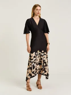 TROPICAL BORDER SATIN MIDI DRESS