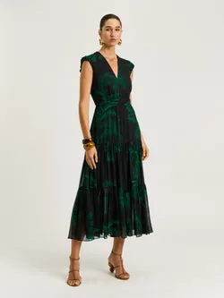 EMERALD PALM CRINKLE GEORGETTE MIDI DRESS