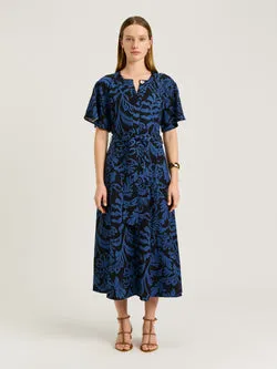 BLUE PETITE FILIGREE BELTED MIDI DRESS