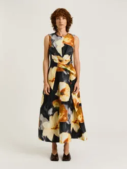 BOTANICAL FLORAL DRAPED MIDI DRESS