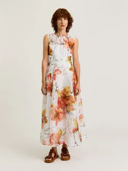 PAINTED FLORAL LINEN SILK SLEEVELESS MIDI DRESS