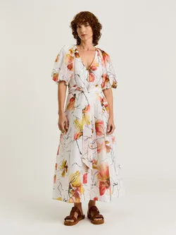 PAINTED FLORAL LINEN SILK BLOUSON SLEEVE MIDI DRESS