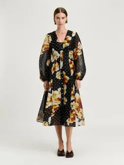 SPOT FLORAL LINEN SILK MIDI DRESS