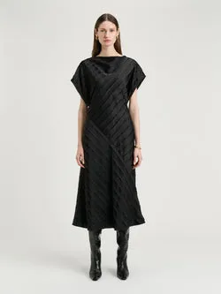 STRIP SATIN BIAS MIDI DRESS