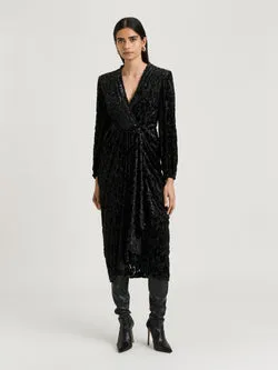 VELVET DEVORE DRAPED MIDI DRESS