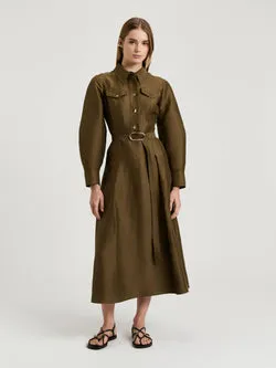 LINEN VISCOSE BLEND BELTED MIDI DRESS