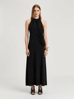 CREPE JERSEY DRAPED HALTER DRESS