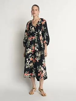 Palm Floral Viscose Linen Midi Dress