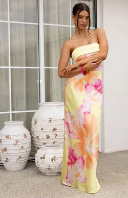 Maiah Yellow Hibiscus Floral Print Maxi Dress