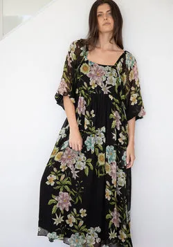 Night Garden Black Floral Square Neck Maxi Dress