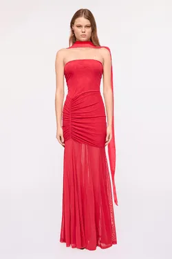 Phoenix Bustier Maxi Dress with Removable Scarf and Sash – Red