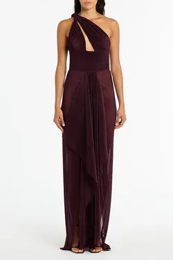 PLUM SHEER PLISSE ONE SHOULDER GOWN