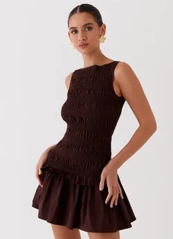 Garden Kisses Shirred Mini Dress - Chocolate