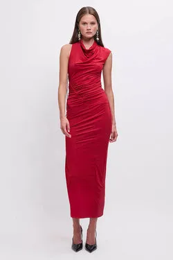 Phoebe Asymmetrical Cowl-Neck Maxi Dress – Red