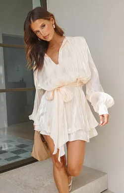 Quinton Pearl Satin Long Sleeve Tie Mini Dress