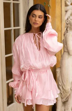Quinton Pink Satin Long Sleeve Tie Mini Dress