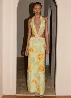 Really Something Beaded Maxi Dress - Green Floral Beaded