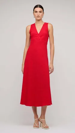 Red V-Neck Bias Midi Dress With Tie Back