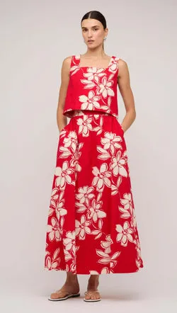 Red & White Cotton Floral A-Line Maxi Skirt