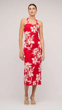 Red & White Cotton Floral Halter-Neck Midi Dress