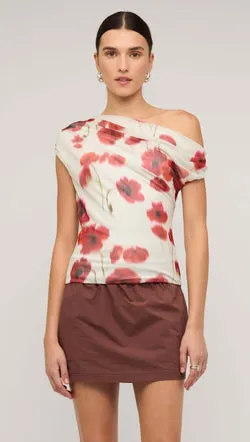 Red & White Poppy Print Off-Shoulder Mesh Top