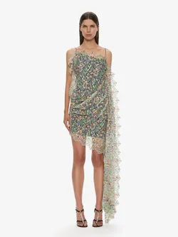 Hand Painted Draped Lace Mini Dress