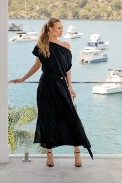 Gena Off Shoulder Maxi Dress in Black Plisse