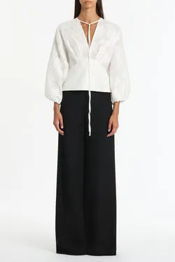 WHITE MESH JACQUARD PUFF SLEEVE BLOUSE