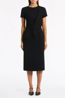 BLACK CREPE DRAPE PEPLUM MIDI DRESS