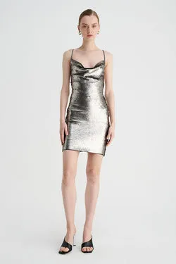 Luna Cowl Neck Mini Dress - Silver
