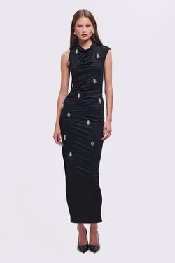 Phoebe Asymmetrical Cowl-Neck Embellished Maxi Dress – Black