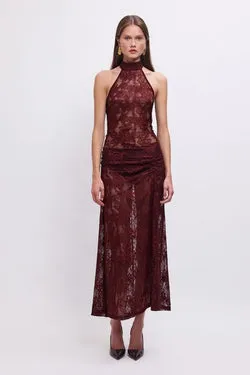 Gordana Sheer Lace Halter-Neck Maxi Dress with Built in Bralette – Bordeaux
